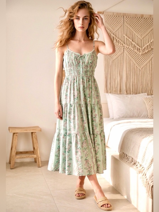 Trixxi Dresses & Skirts - Floral Tiered Maxi Sundress Light Green w/Smocked Bodice & Adjustable straps M&L